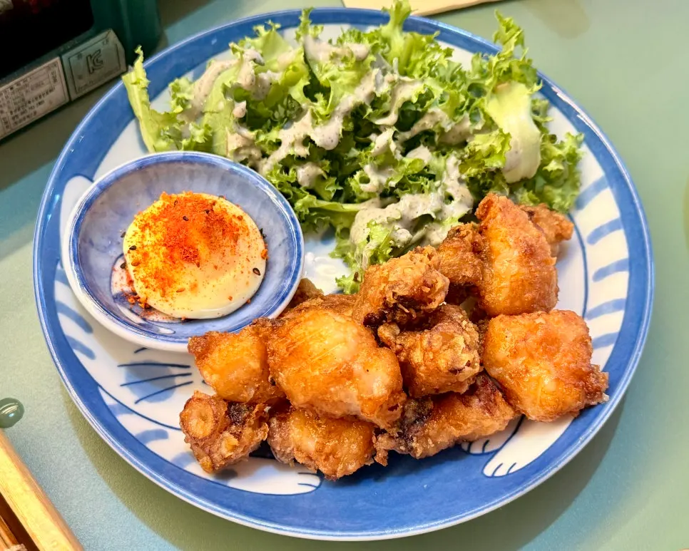 Warm brothy snack and taco karaage