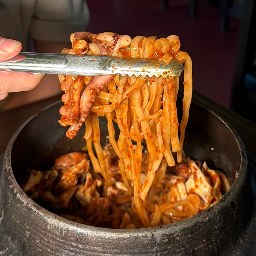 Knife-cut noodles inside the cauldron octopus dish