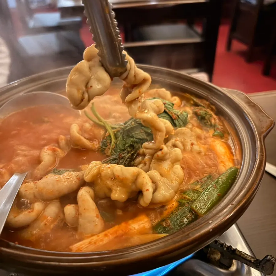 Chewy glass noodles inside the gopchang stew