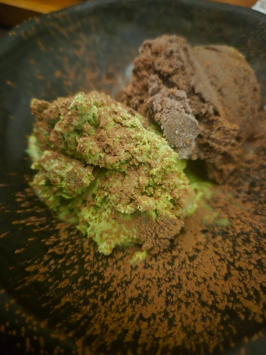 Matcha and chocolate ice cream received from a review event
