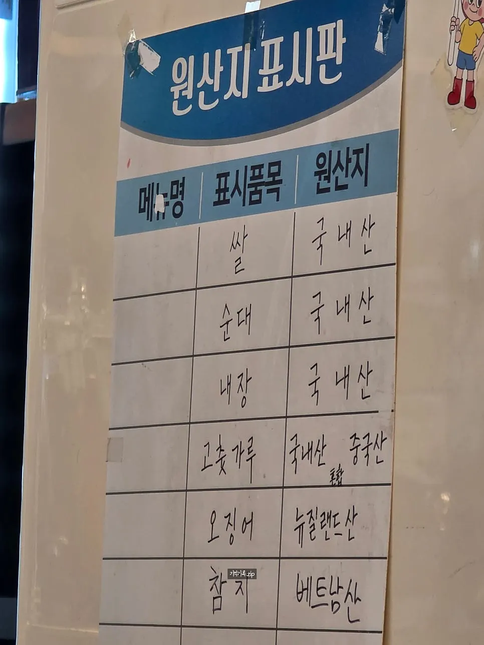 Menu board listing sundae and odeng dishes
