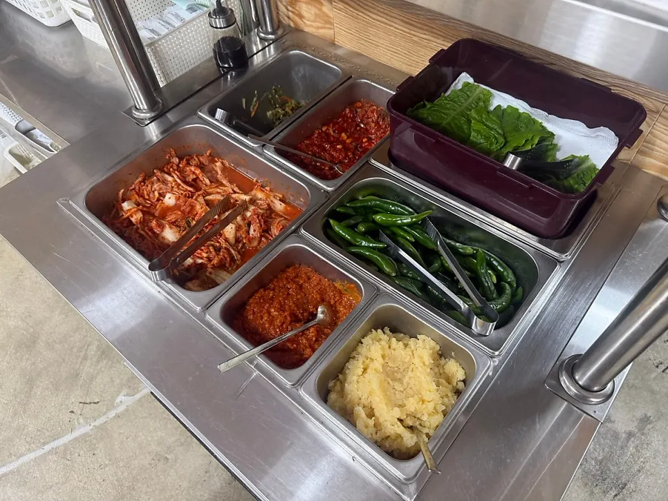 Self-serve banchan bar at Hyeopjae On Ttukbaegi