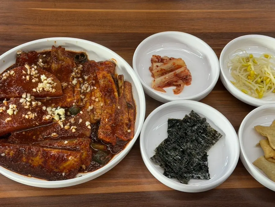 Wide view of the table mid-meal