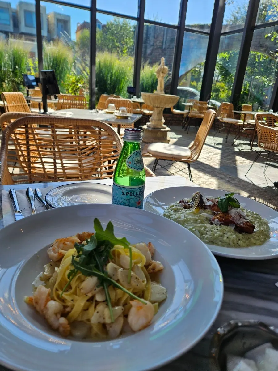 Close-up of fresh pasta and crab meat
