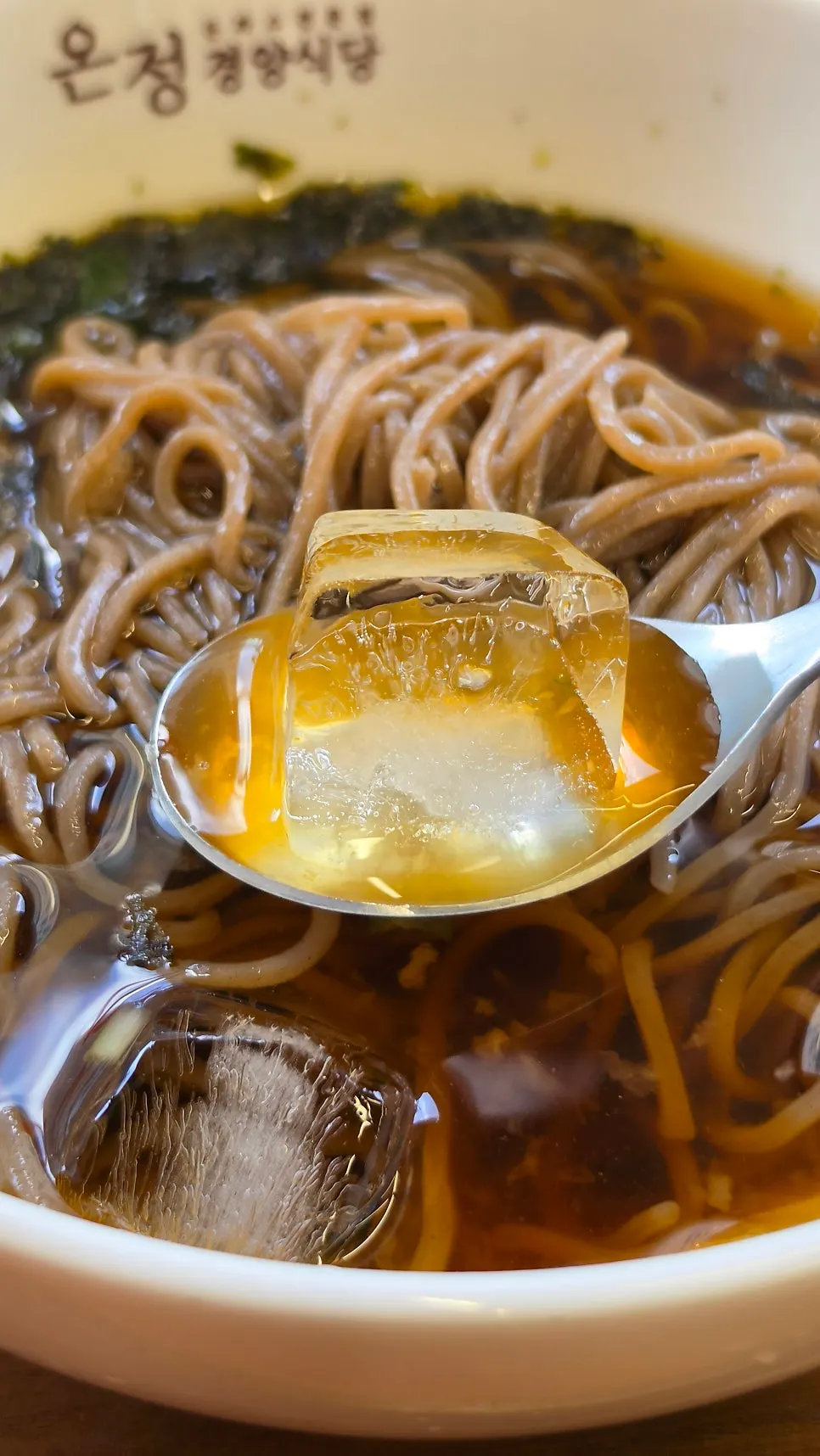 Cool buckwheat noodle strands in the cold soba