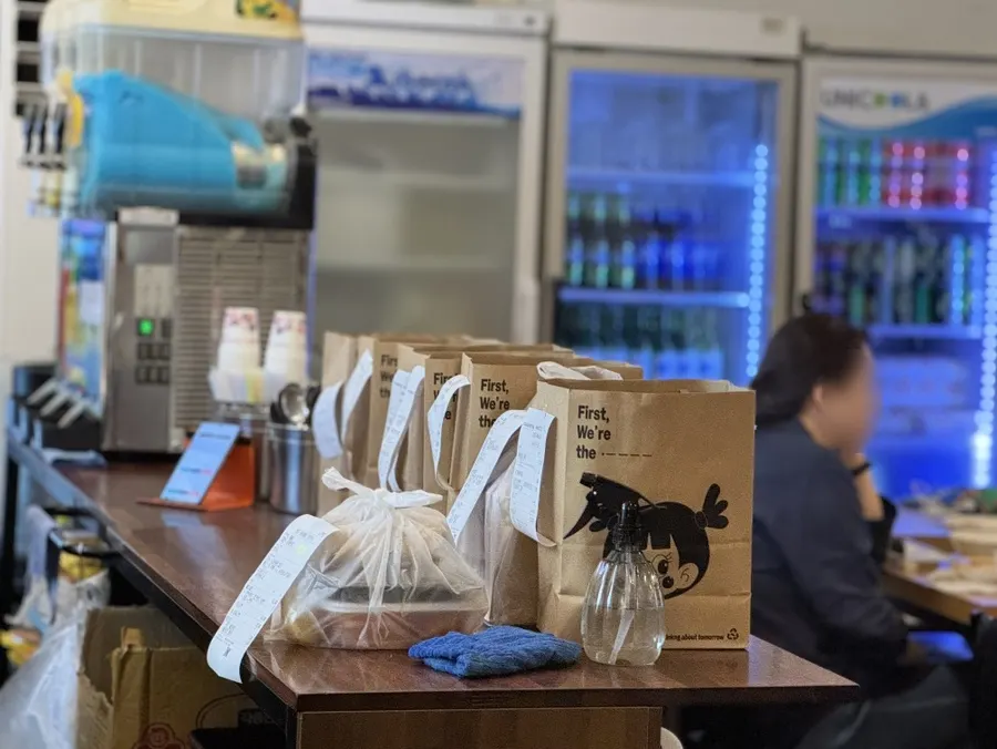 Self-serve bar with fry crumbs and pickled radish
