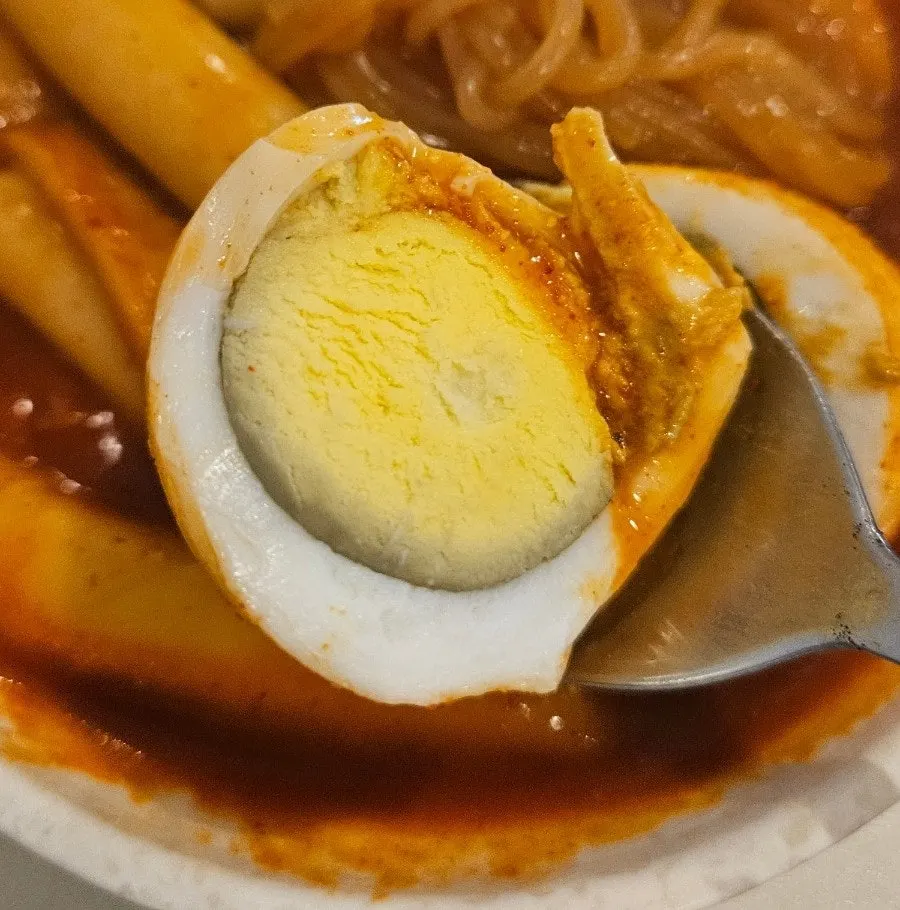 Close-up of instant tteokbokki with boiled egg