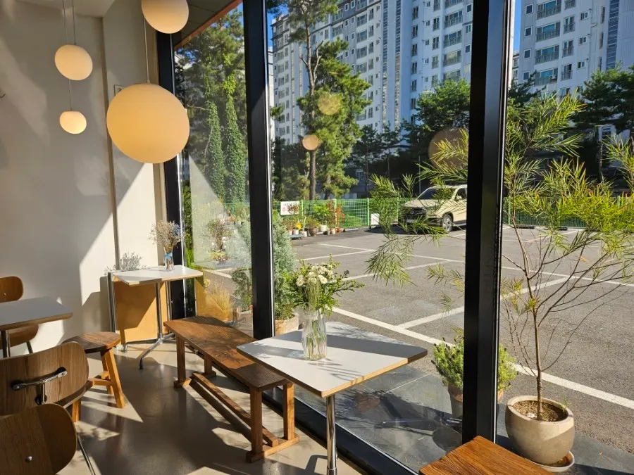 Café seating with soft lighting and flower decorations