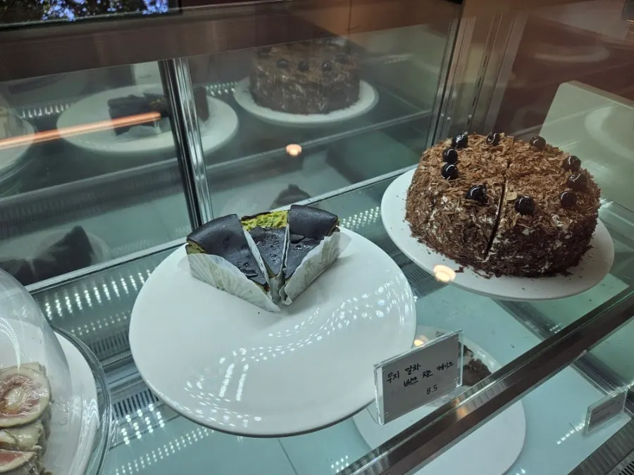 Handmade fruit cakes displayed in the showcase