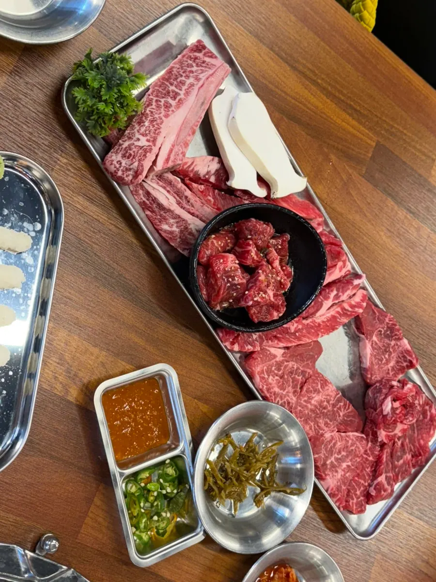 Close-up of Korean beef special cuts including udae galbi and bonkkotsal