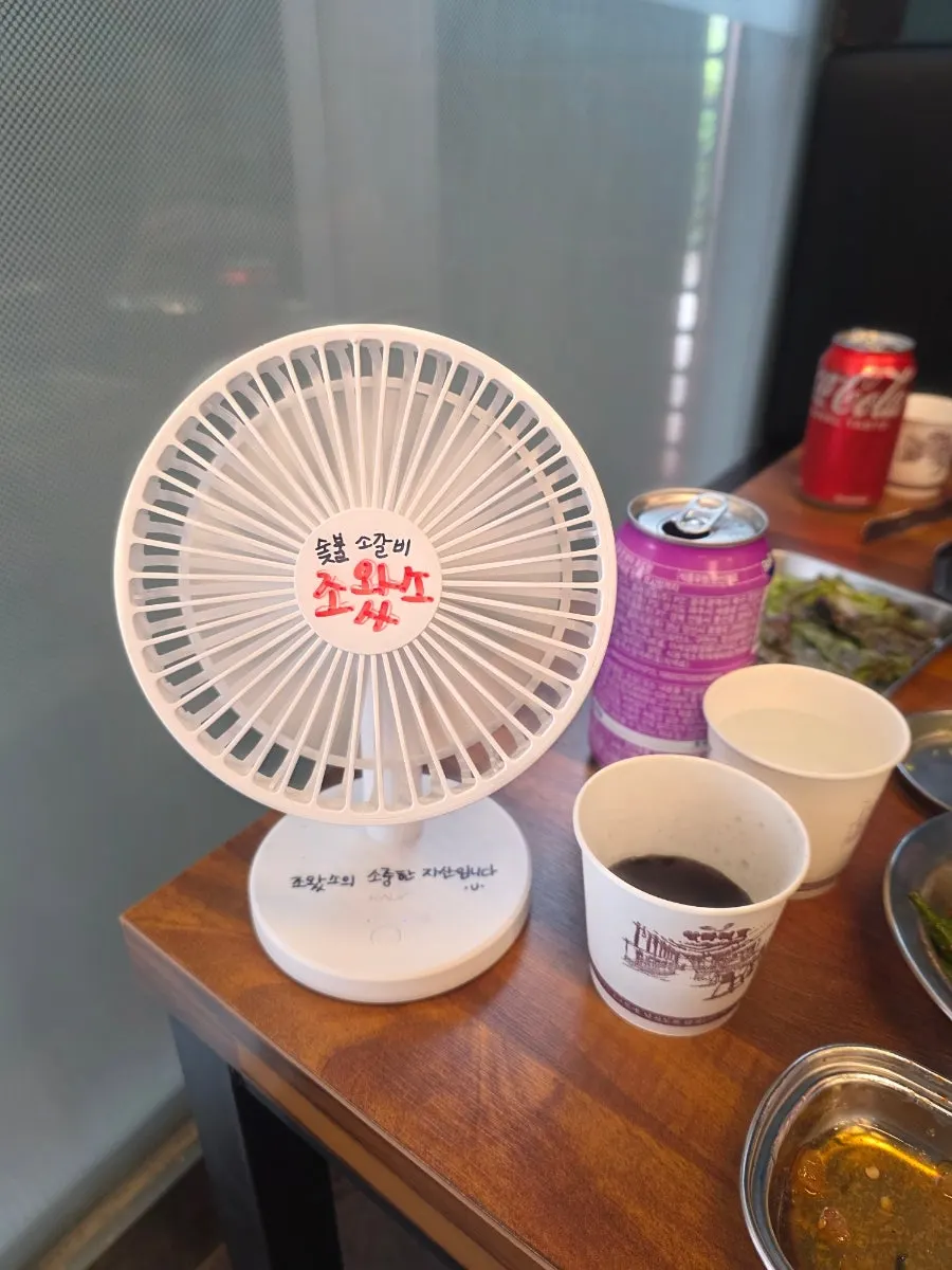 Mini table fan next to the charcoal grill