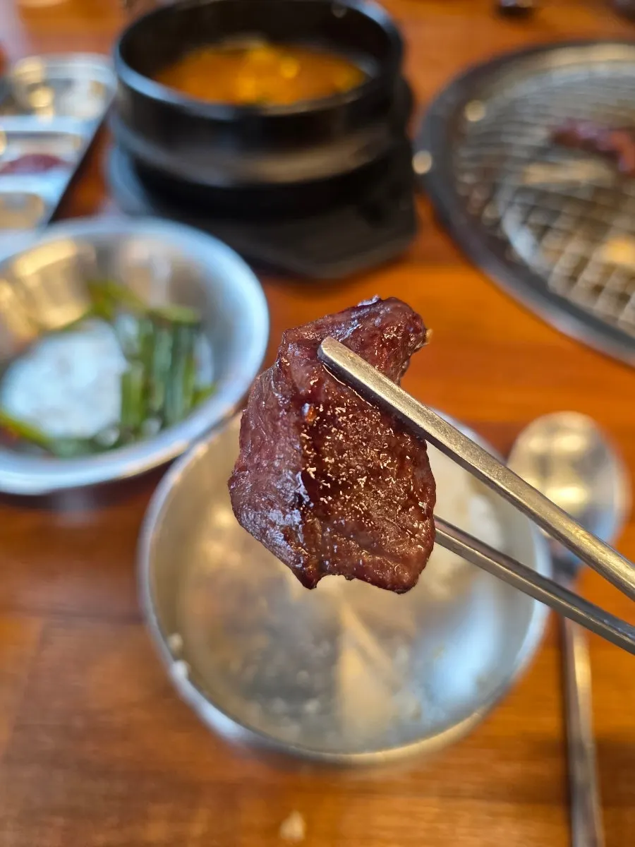 A well-grilled piece of woodae galbi