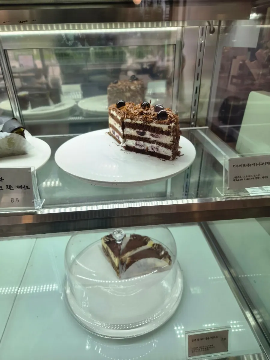 Tarts and slice cakes displayed in the showcase