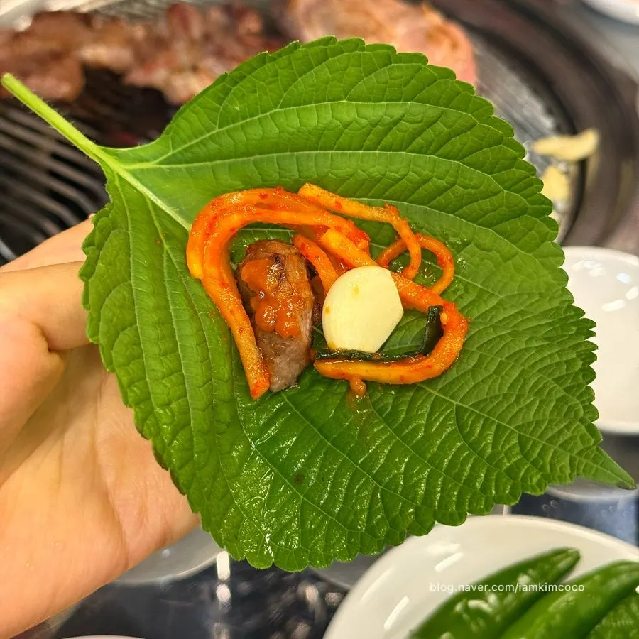 Lettuce wrap with pork neck and green onion shreds