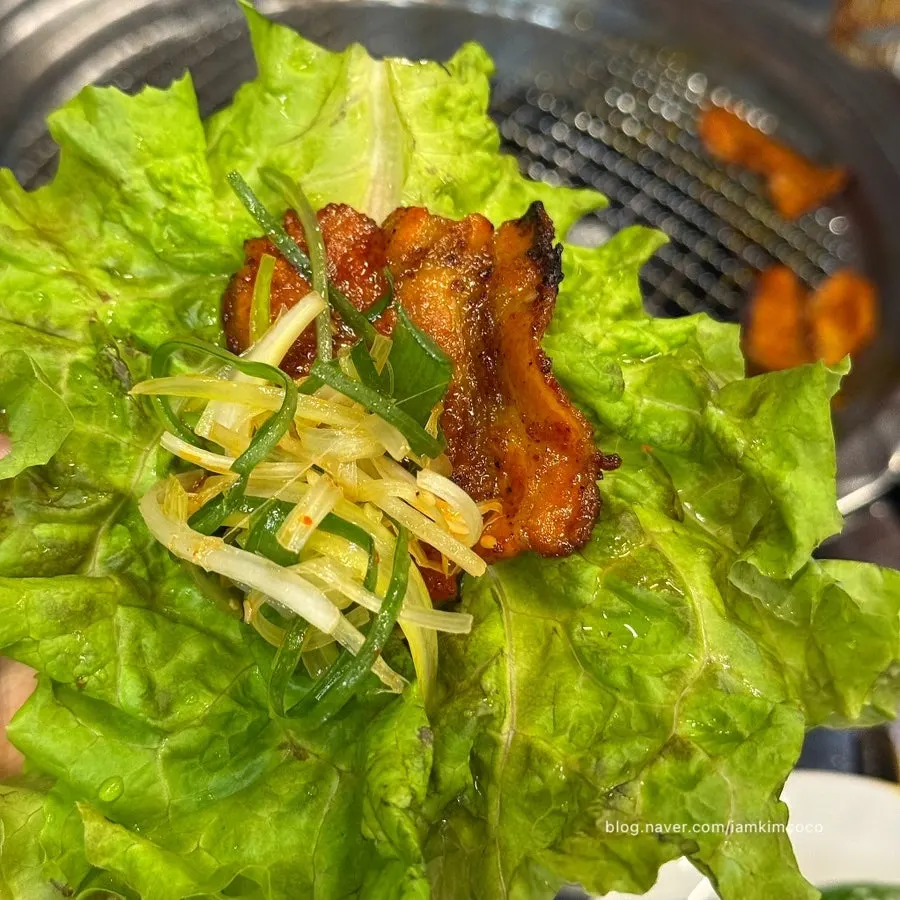 Red fresh pork belly wrapped with green onion shreds
