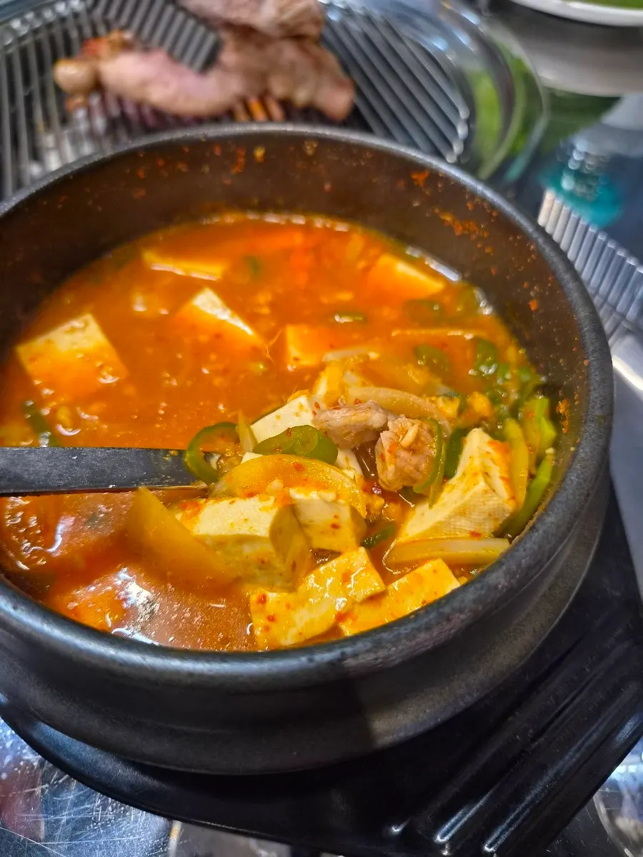 Spicy doenjang jjigae with tofu and zucchini