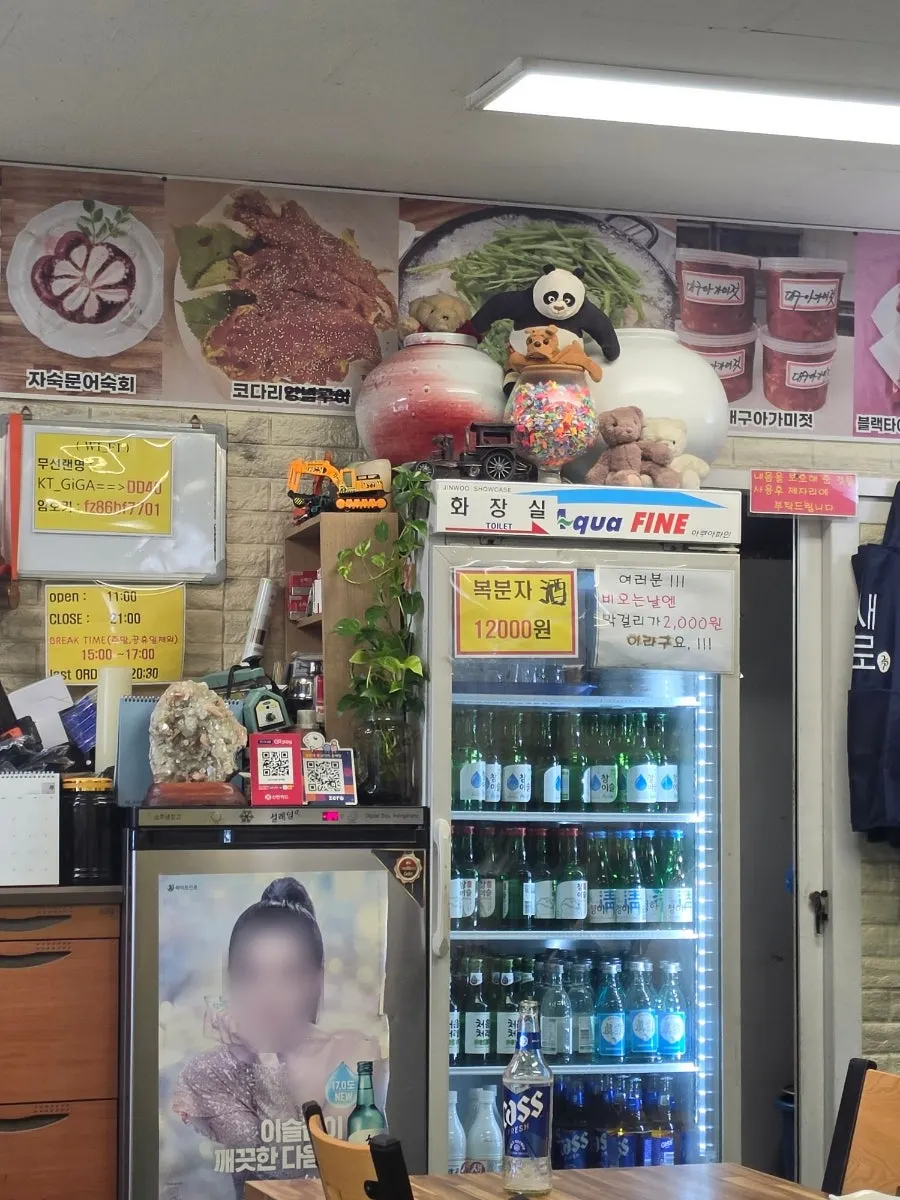Wall with TV appearance photos on display