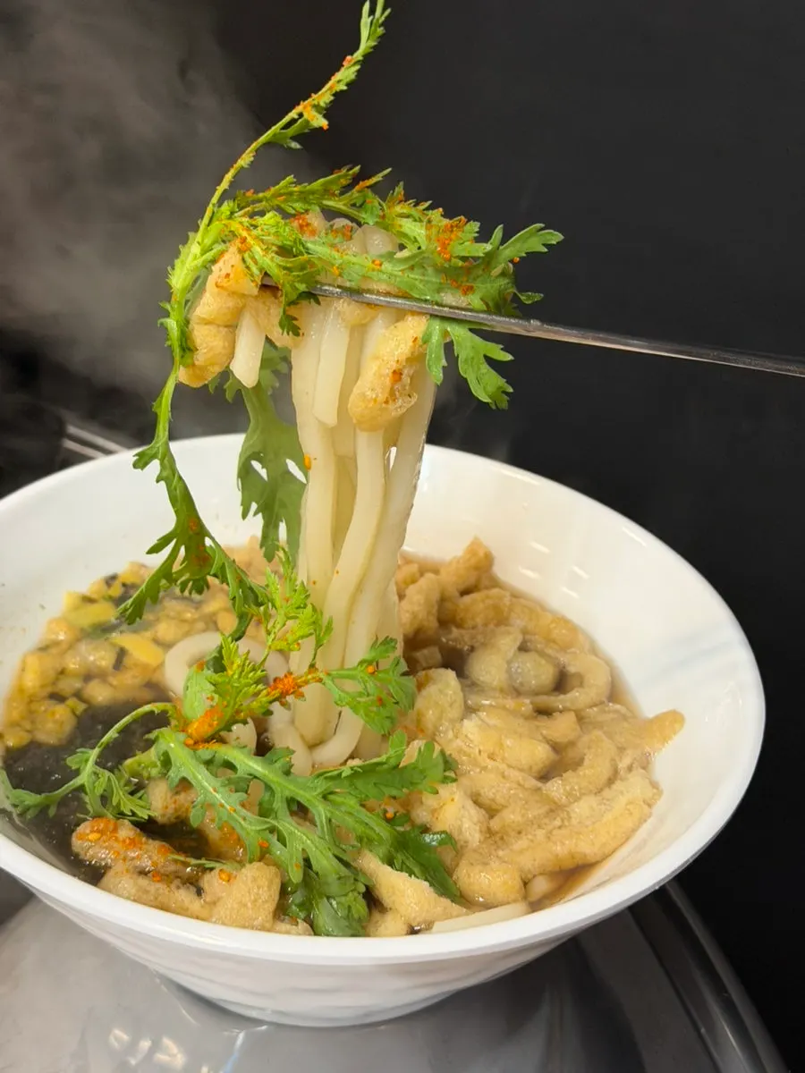 Plato de udon con caldo casero
