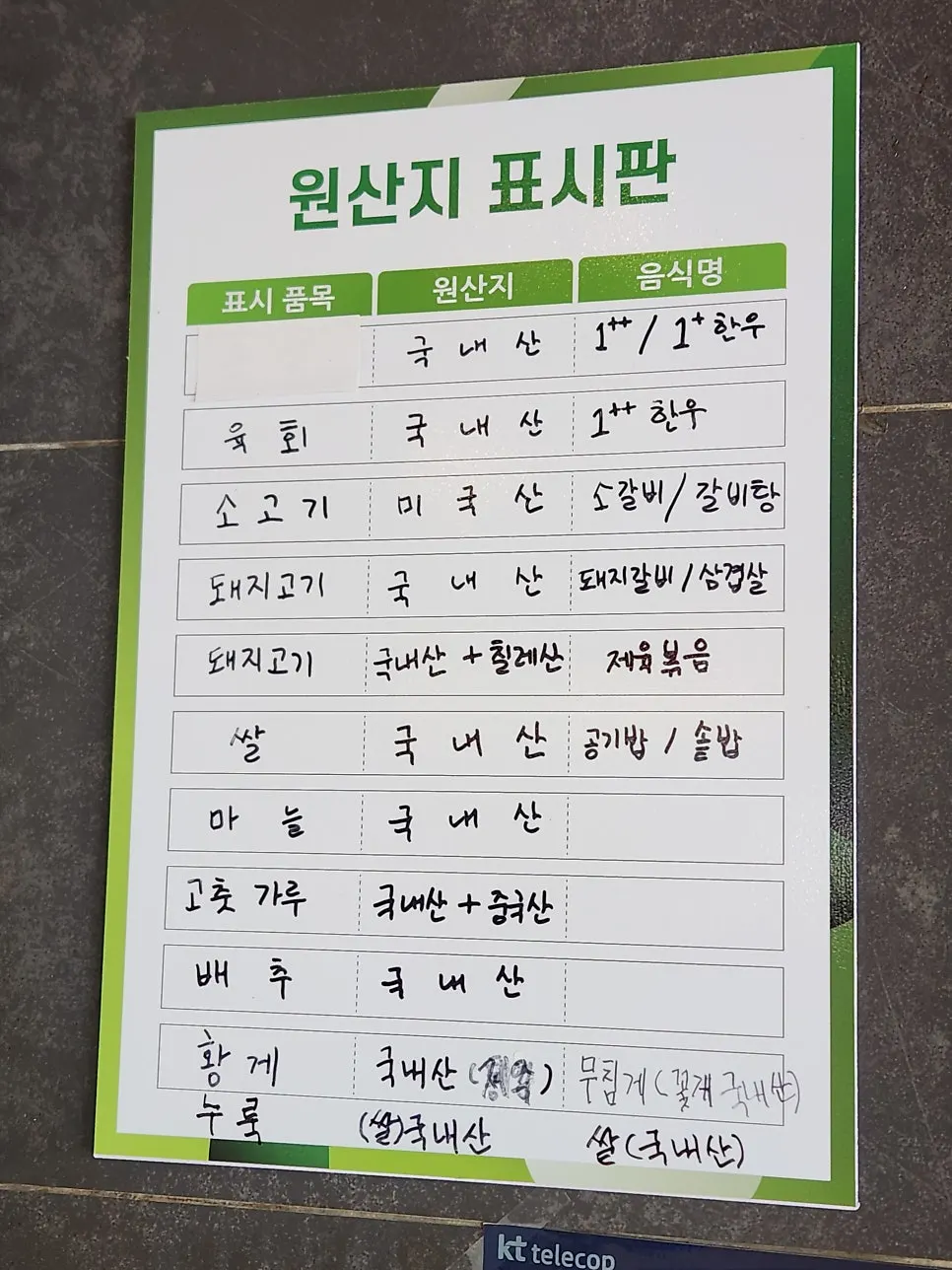 식당 입구에 붙은 원산지 표시판