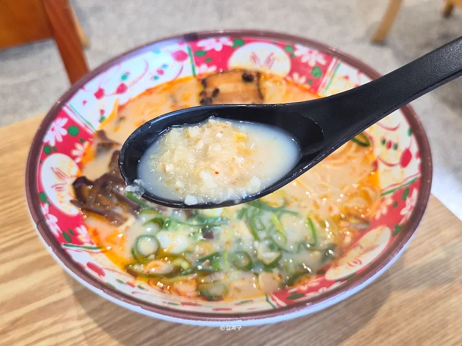 The spicy Karai Ramen broth with thin noodles