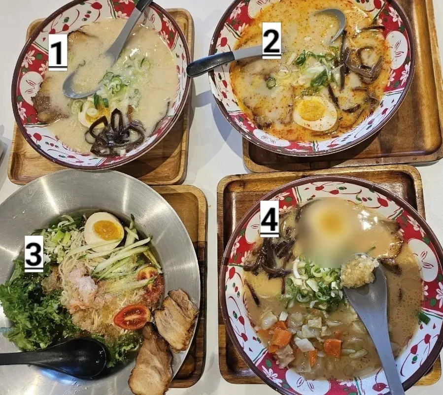 Collection of ordered dishes at Ichiba Ramen