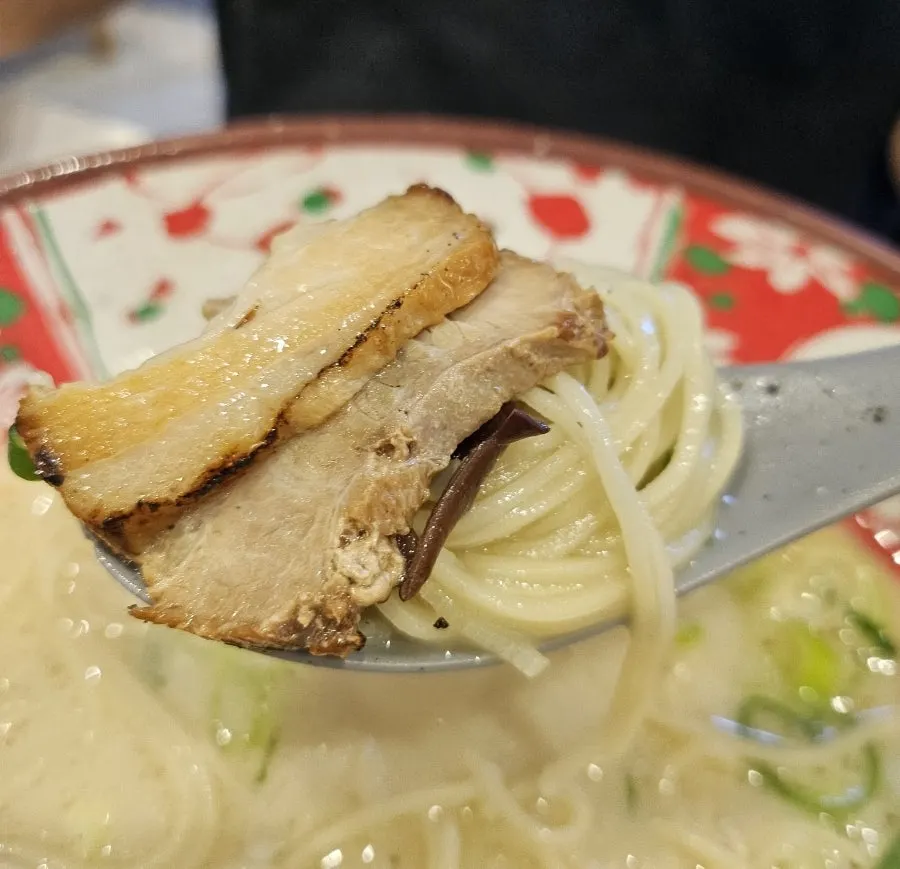 Tonkotsu ramen topped with chashu and wood ear mushroom