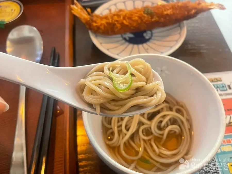 Table spread with cold soba and shrimp tempura