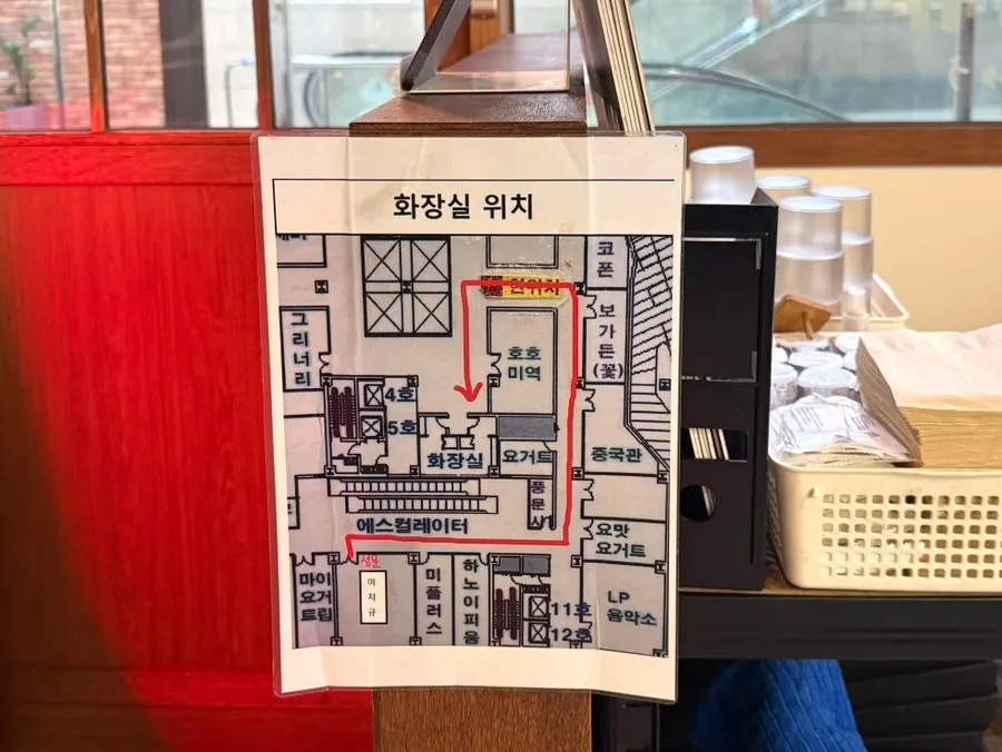 Sign for the building's shared restroom