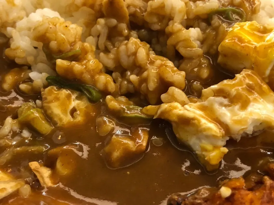 Rich curry sauce sprinkled with garlic chips