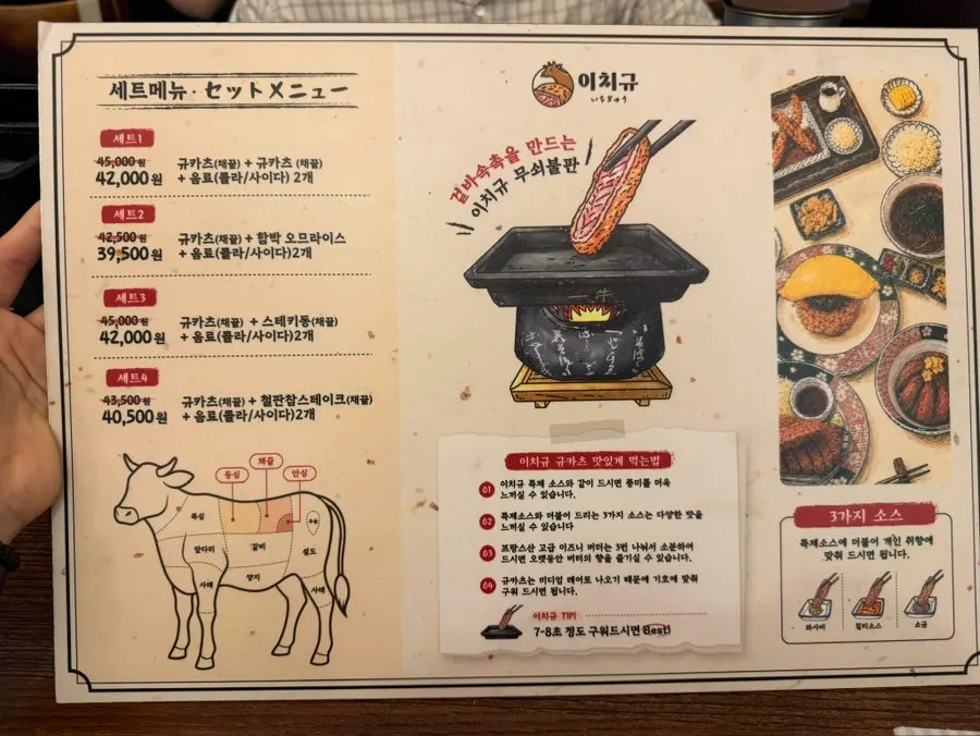 규카츠정식과 스테키정식이 적힌 메뉴판