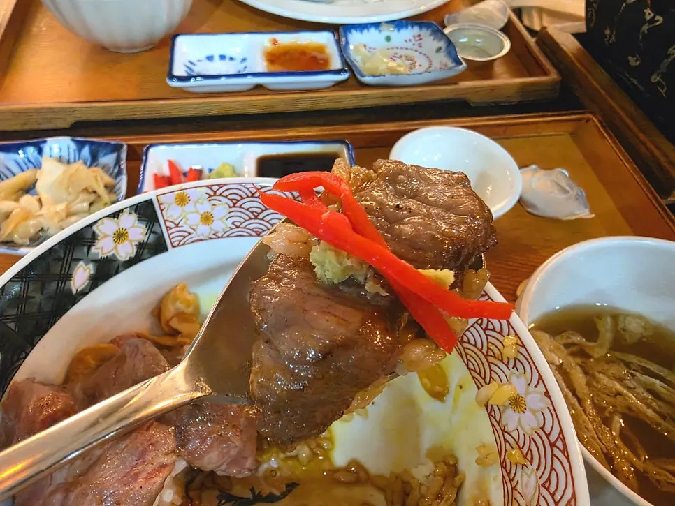 와사비와 생강절임을 곁들인 스테키동