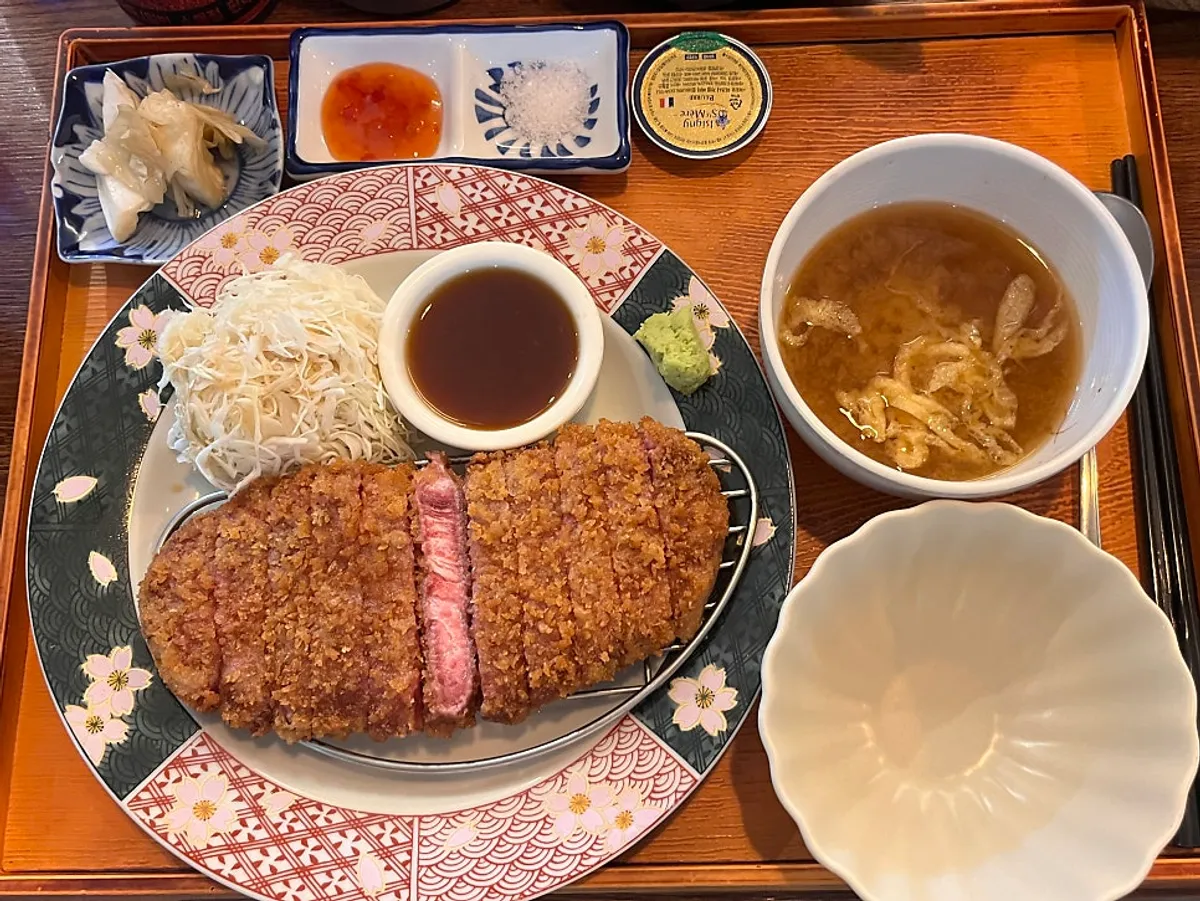 Sirloin gyukatsu sliced medium-rare