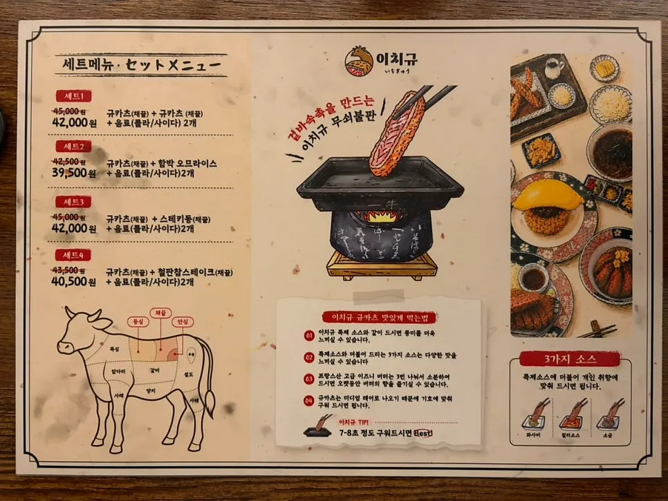 단품과 면 메뉴가 적힌 메뉴판