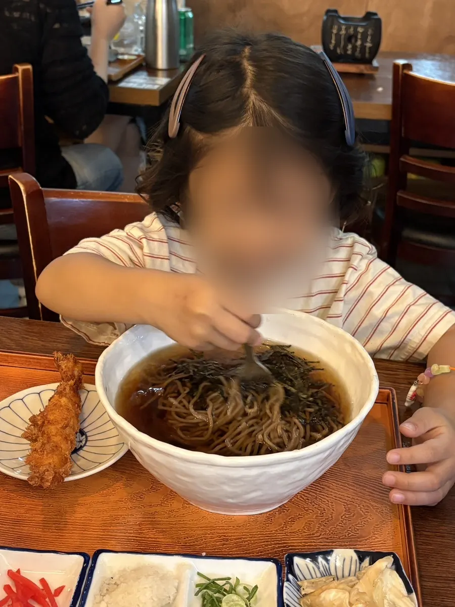 Cold soba served with green onion, wasabi, and grated radish on the side