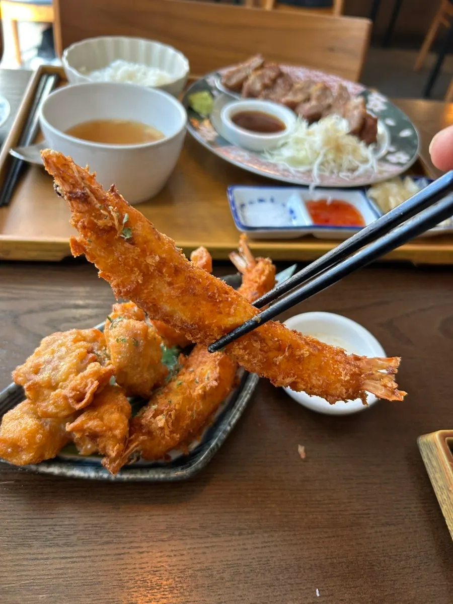 Plate with shrimp tempura and gyukatsu together