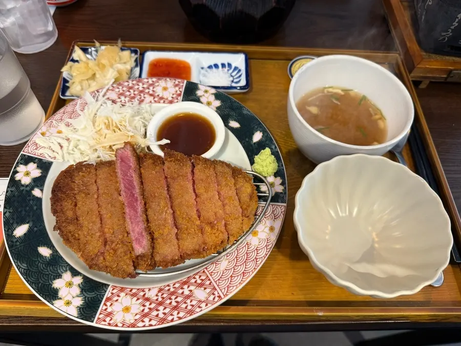 Cross-section of gyukatsu, crispy outside and red inside