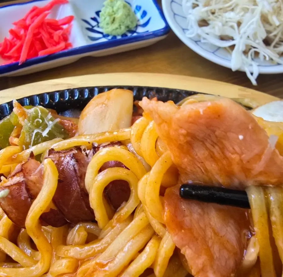 Solo dining spread with gyukatsu set and Napolitan