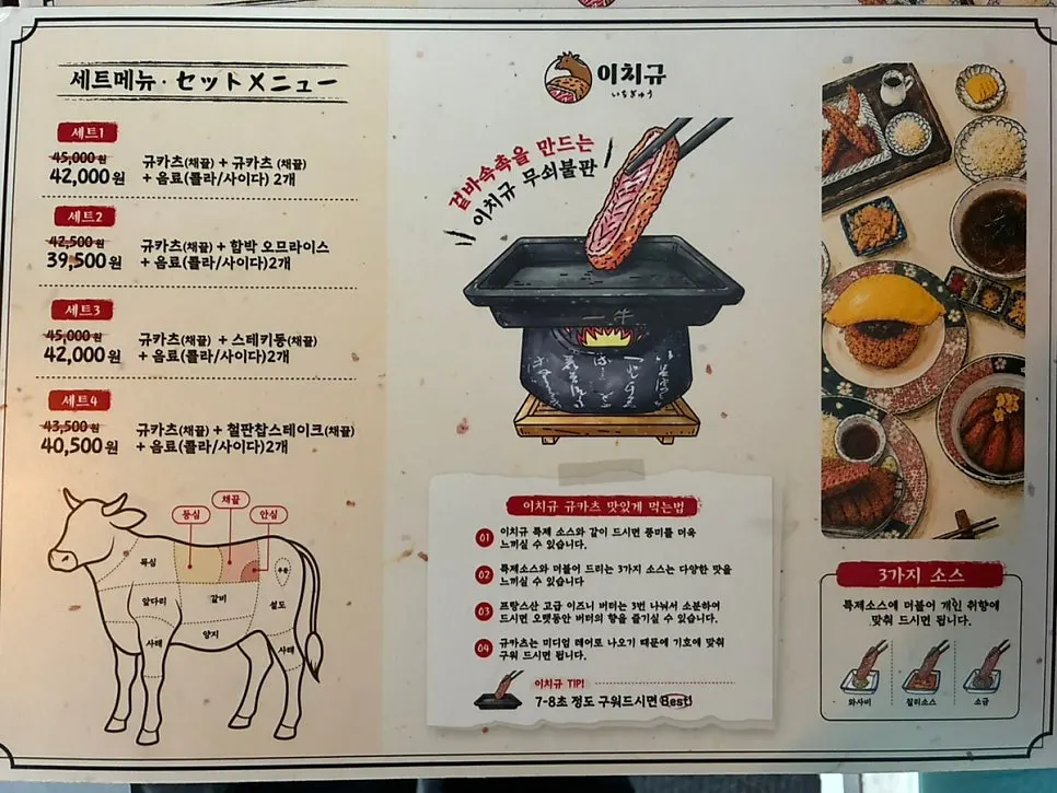 이치규 세트메뉴와 사이드 메뉴가 적힌 메뉴판