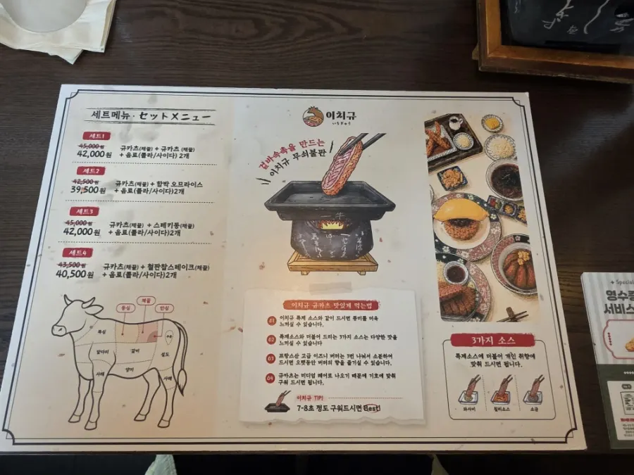 규카츠와 스테키 세트 구성이 적힌 이치규 메뉴판