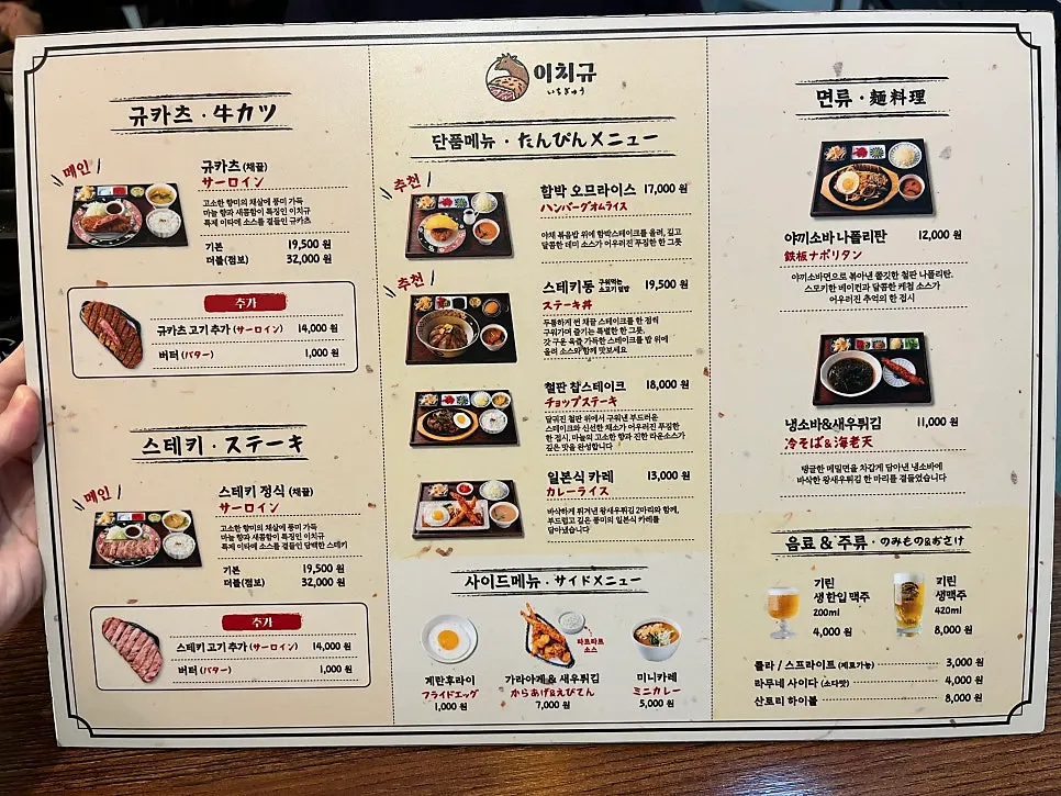 Ichigyu Wonju menu board showing gyukatsu and steki prices