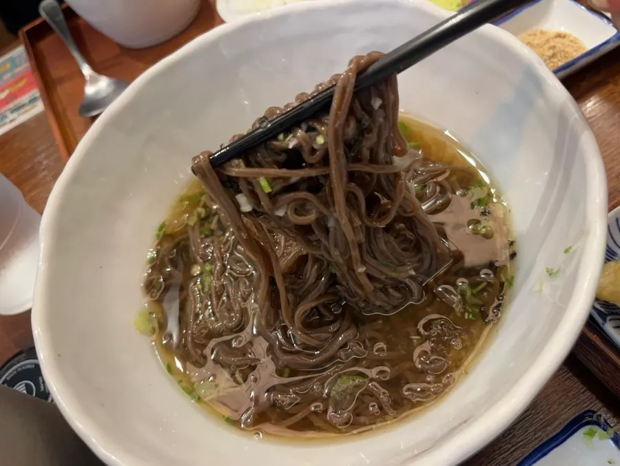 와사비와 무즙, 쪽파를 넣은 냉소바 쯔유