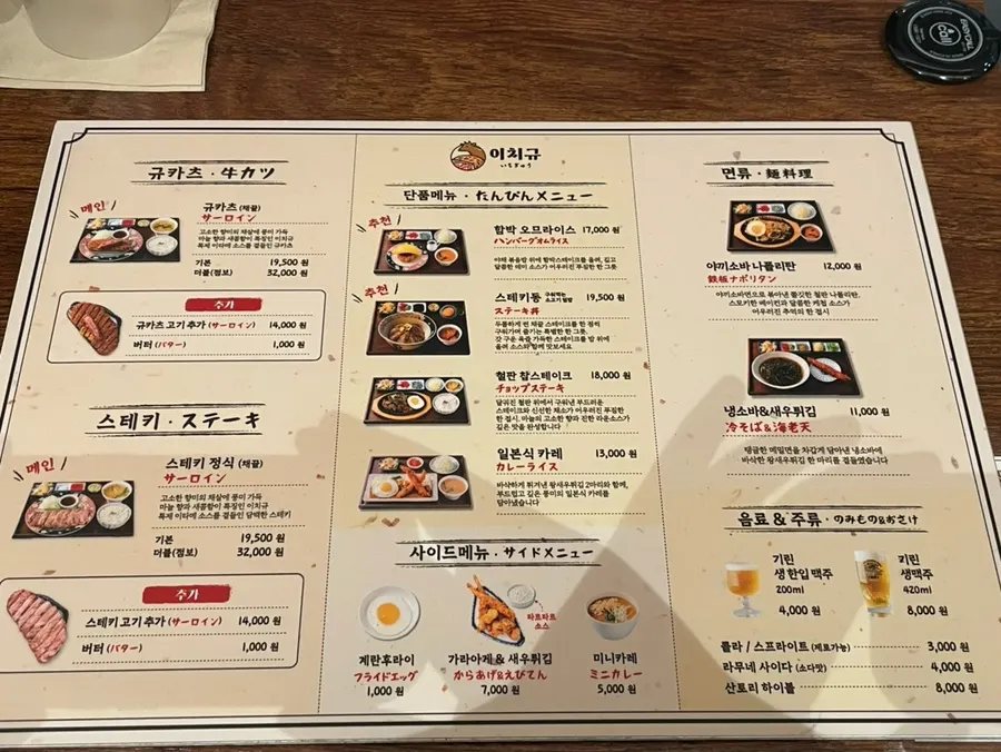 Menu board listing set menus and à la carte items at Ichigyu