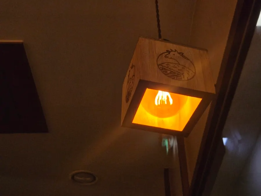Ceiling with beef-shaped light fixtures
