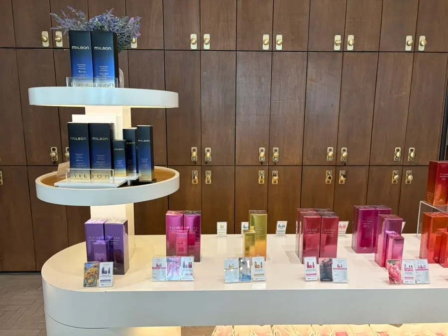 Display of hair products sold at the salon