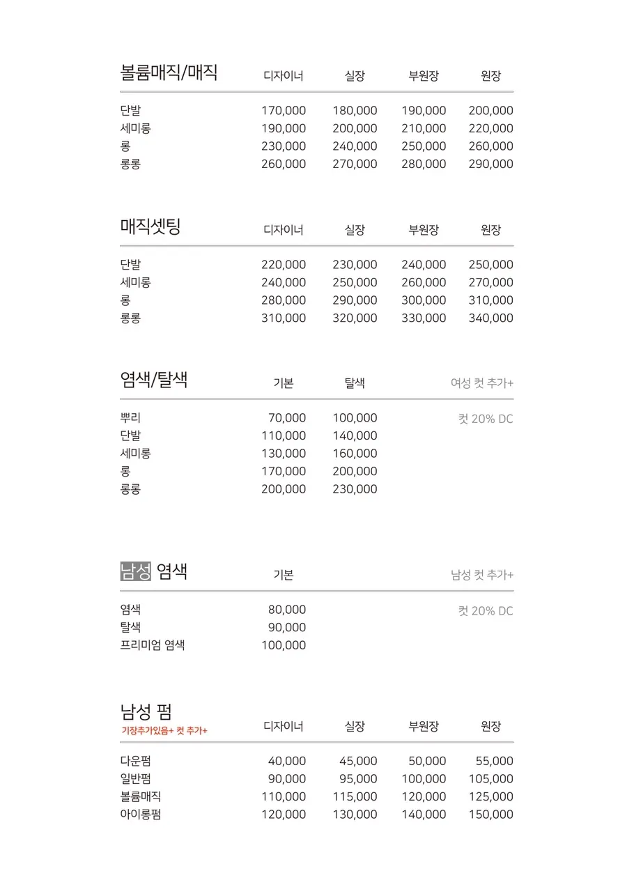 탈색과 펌 메뉴가 적힌 가격표