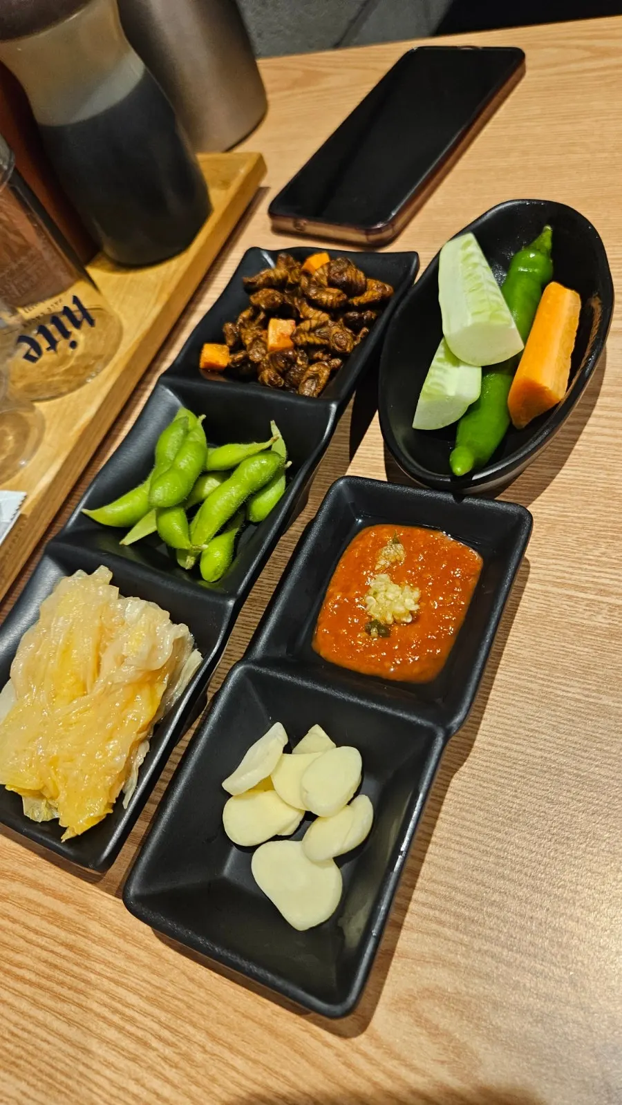 Basic side dishes including beondegi and green peas