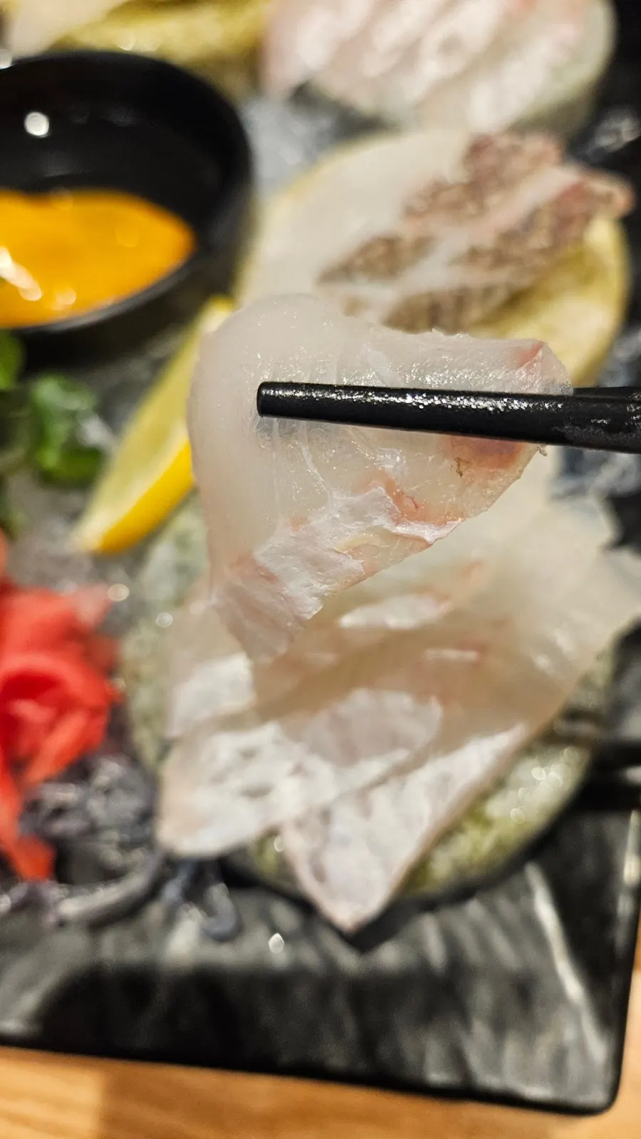 Sashimi wrap with white kimchi and ssamjang
