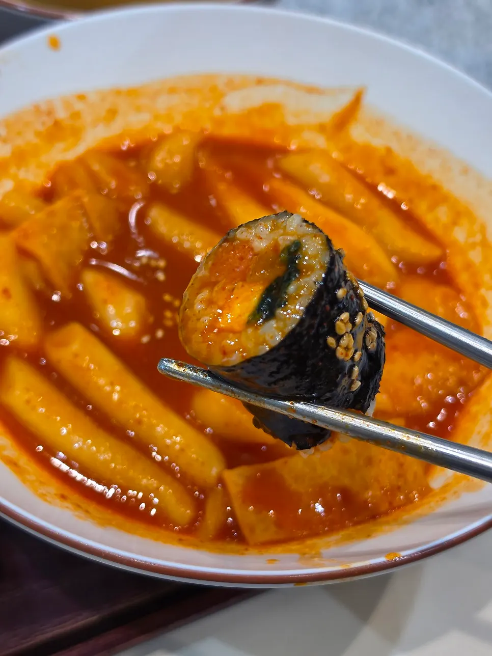 Sundae and gimbap eaten together with tteokbokki