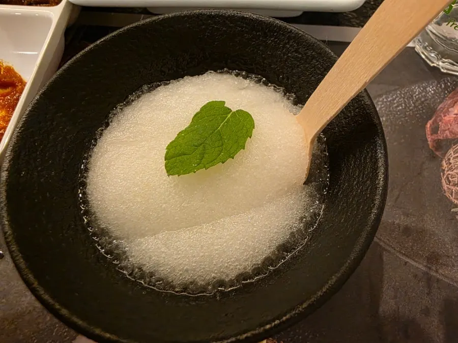 Chilled pear sherbet served for dessert