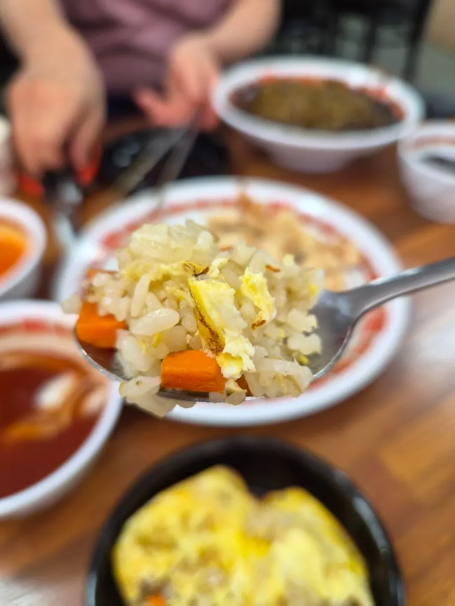 Fluffy fried rice underneath the egg topping
